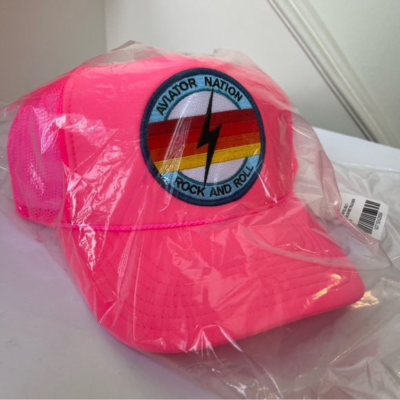 NWT Aviator Nation Neon Pink Trucker Hat Rock & Roll Bolt embroidered patch - Picture 7 of 11